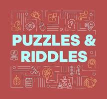 Puzzles and riddles red word concepts banner. Solving problems, mysteries presentation, website. Escape games isolated lettering typography idea with linear icons. Vector outline illustration