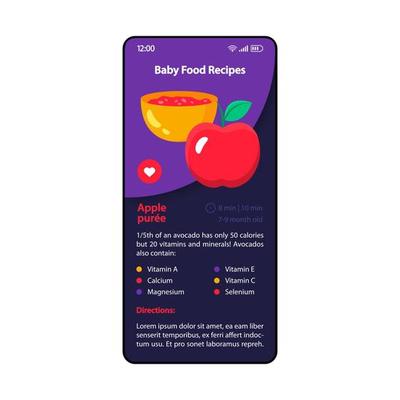 Baby food recipes smartphone interface vector template. Mobile app page purple and dark blue design layout. Apple puree screen. Flat UI for application. Healthy meal cooking. Childcare. Phone display