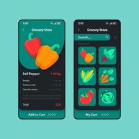 Grocery store smartphone interface vector template set. Mobile app page turquoise and black design layout. Food delivery service screen. Flat UI for application. Online shopping. Phone display