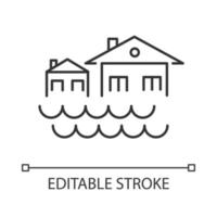 Flood linear icon. Sinking settlement. Submerged houses. Flooding locality. Overflow of water. Thin line illustration. Contour symbol. Vector isolated outline drawing. Editable stroke