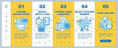 reserva de sala de escape plantilla vectorial de páginas web móviles de incorporación amarilla. elegir búsqueda. idea de interfaz de sitio web sensible con ilustraciones lineales. pantallas de pasos del tutorial de la página web. concepto de color vector