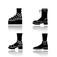 Women trendy shoes drop shadow black glyph icons set. Female elegant formal and casual footwear. Stylish winter and autumn boots. Fashionable platform heels. Isolated vector illustrations