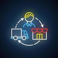 icono de luz de neón de dropshipping. Envío directo. pedido y entrega del producto al cliente. transporte de mercancías. signo brillante con alfabeto, números y símbolos. ilustración vectorial aislada vector