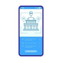 revisar la plantilla vectorial de interfaz de la aplicación de smartphone del monitor. diseño de diseño azul de la página de la aplicación de viaje móvil. pantalla de reserva de hotel. búsqueda de alojamiento. interfaz de usuario plana pantalla del teléfono vector