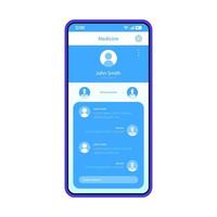 plantilla de vector de interfaz de aplicación de teléfono inteligente de consulta médica en línea. Aplicación móvil de medicina y atención médica. diseño de página azul. pantalla de chat de médico de Internet. interfaz de usuario plana pantalla del teléfono