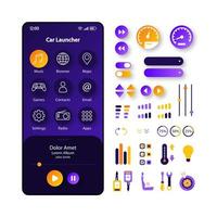 Car launcher smartphone interface vector template. Mobile app page purple and black design layout. Smart car screen. Flat UI for application. Speed, temperature control and music. Phone display