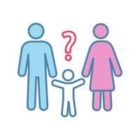 Child custody evaluation color icon. Parents solving problems. Confused family. Child asking why. Troubled and worrying couple. Parents with question mark. Family help. Isolated vector illustration