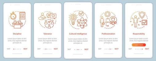 Management skills onboarding mobile app page screen vector template. HR baseline qualities, abilities walkthrough website steps. Responsibility, discipline, tolerance. UX, UI, GUI smartphone interface