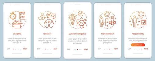 Management skills onboarding mobile app page screen vector template. HR baseline qualities, abilities walkthrough website steps. Responsibility, discipline, tolerance. UX, UI, GUI smartphone interface