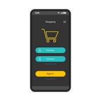 Online shopping account interface vector template. Digital purchase. Mobile app page design layout. Internet store sign in screen. User authorization. Flat UI. Phone display with password, username