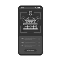 revisar la plantilla vectorial de interfaz de la aplicación de smartphone del monitor. diseño de diseño en negro de la página de la aplicación de servicio de viajero móvil. hotel, pantalla de reserva de albergue. búsqueda de alojamiento. interfaz de usuario plana pantalla del teléfono vector