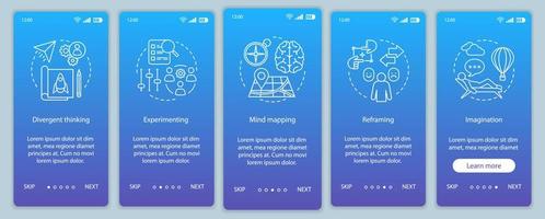 Professional qualities onboarding mobile app page screen vector template. HR soft skills. Imagination, experimenting, mind mapping. Walkthrough website steps. UX, UI, GUI smartphone interface concept