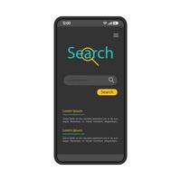 Smartphone search engine interface vector template. Mobile app page black design layout. Web browser screen. Flat UI for application. WWW. Phone display with search bar