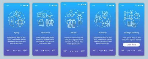 Leadership skills onboarding mobile app screen vector template. Employee soft qualities, abilities. Respect, authority, persuasion walkthrough website steps. UX, UI, GUI smartphone interface concept