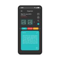Personal planner app smartphone interface vector template. Mobile organizer, reminder application interface black design layout. Day planning widget screen. Schedule, timetable. Flat UI. Phone display