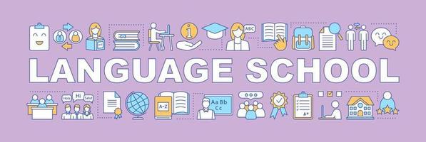 Language courses for kids word concepts banner. Presentation. Isolated lettering typography idea with linear icons. Foreign language classes. Vector outline illustration