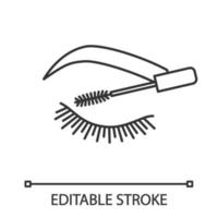 icono lineal de máscara de pestañas. ilustración de línea delgada. tinte de pestañas y cejas. producto de maquillaje de pestañas y cejas. símbolo de contorno dibujo de contorno aislado vectorial. trazo editable vector