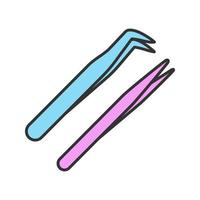 Eyelash extension tweezers color icon. Straight and curved pointed tweezers. Hair removal tool. Isolated vector illustration