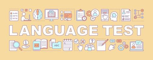 Foreign language exam word concepts banner. Presentation. Language proficiency test. Isolated lettering typography idea with linear icons. Online learning courses. Vector outline illustration