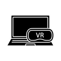 Computer VR headset glyph icon. Silhouette symbol. Virtual reality games. VR mask, glasses, goggles with laptop. Negative space. Vector isolated illustration