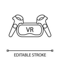 VR set linear icon. Virtual reality headset and controllers. Thin line illustration. VR glasses with remote control, gamepad. Contour symbol. Vector isolated outline drawing. Editable stroke