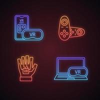 Virtual reality devices neon light icons set. Smartphone and computer VR headset, wireless controller, haptic glove. Glowing signs. Vector isolated illustrations