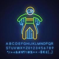 Wingsuit flying neon light icon. Skydiver jumping with wing suit. Skydiving. Air extreme sport. Flight in sky, adrenaline. Parachutist flying. Glowing alphabet, numbers. Vector isolated illustration