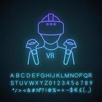 VR player neon light icon. Virtual reality player. Man with VR mask, glasses, headset and wireless controllers. Glowing sign with alphabet, numbers and symbols. Vector isolated illustration