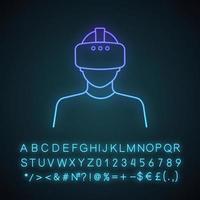 Virtual reality player neon light icon. VR player. Man with VR mask, glasses, headset. Glowing sign with alphabet, numbers and symbols. Vector isolated illustration