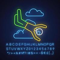 Skydiving neon light icon. Sky diving. Freefall tricks. Skydiver jumping with parachute. Parachutist flying in sky. Glowing sign with alphabet, numbers and symbols. Vector isolated illustration