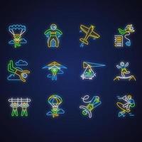 Air extreme sport neon light icons set. Skydiving, parachuting, wingsuiting. Outdoor activities. Paragliding, aerobatics and bungee jumping. Glowing signs. Vector isolated illustrations