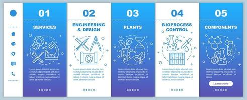 Bioengineering onboarding mobile web pages vector template. Services components. Responsive smartphone website interface idea with linear illustrations. Webpage walkthrough step screens. Color concept