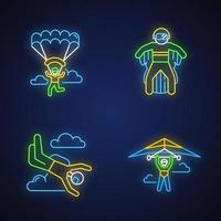 Air extreme sport neon light icons set. Hang gliding, skydiving, wing suiting and paragliding. Outdoor activities. Adrenaline entertainment and risky recreation. Glowing vector isolated illustrations