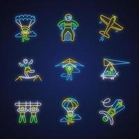 Air extreme sport neon light icons set. Skydiving, parachuting, hang gliding, wingsuiting. Aerobatics, highlining, paragliding. Giant swing, bungee jumping. Glowing vector isolated illustrations