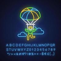 Parachuting neon light icon. Paragliding, paratrooping. Air extreme sport. Skydiving, hang gliding. Flights in sky and jumps with parachute. Glowing alphabet, numbers. Vector isolated illustration