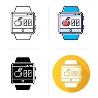 Calorie calculator smartwatch function icon. Estimating calories to maintain, lose and gain weight. Flat design, linear and color styles. Fitness wristband capability. Isolated vector illustrations