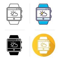 Weather forecast smartwatch function icon. Flat design, linear and color styles.Fitness wristband capability. Current state of atmosphere. Temperature, humidity and wind. Isolated vector illustrations