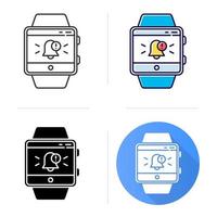 Push notifications smartwatch function icon. Fitness wristband capability. Alert box with specified message to user. Bell symbol. Flat design, linear and color styles. Isolated vector illustrations