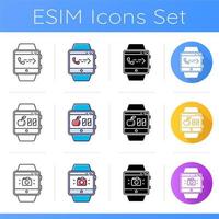 Fitness tracker functions icons set. Smartwatch capabilities. Calories counter, answering calls, synchronization with smartphone camera. Linear, black and color styles. Isolated vector illustrations