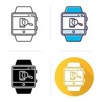 encuentre el icono de la función de reloj inteligente del teléfono. Diseño plano, estilos lineales y de color. mostrando la ubicación del dispositivo y la pantalla de bloqueo, alerta de sonido. capacidad de pulsera de fitness. ilustraciones de vectores aislados