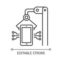 Electronics industry linear icon. Smartphone and tablet production. Electronic devices. Hardware repair. Thin line illustration. Contour symbol. Vector isolated outline drawing. Editable stroke