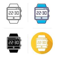 Current time smartwatch function icon. Fitness wristband capability. Clock, time measurement. Hours, minutes and seconds counting. Flat design, linear and color styles. Isolated vector illustrations