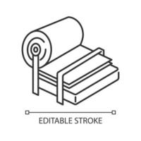 Pulp and paper industry linear icon. Canvas production. Blank sheet on press. Facility machinery. Papermaking. Thin line illustration. Contour symbol. Vector isolated outline drawing. Editable stroke