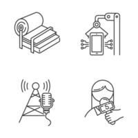 Industry types linear icons set. Pulp and paper production. Electronics facility. Broadcasting tower. News and media. Thin line contour symbols. Isolated vector outline illustrations. Editable stroke