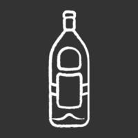 botella de vidrio verde de vino, icono de tiza de whisky. bebida alcohólica local, bebida. botella de licor de vidrio de color con etiqueta roja. copas en bar, cafetería, restaurante. ilustración de pizarra de vector aislado