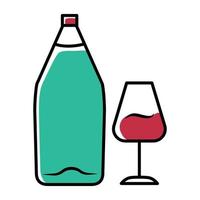 Wine turquoise color icon. Alcohol bar. Bottle and wineglass. Alcoholic beverage. Restaurant service. Glassware for dessert port wine. Isolated vector illustration