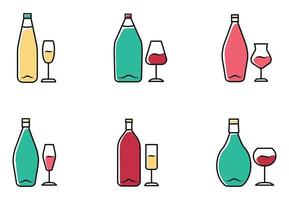 Wine turquoise, yellow and red color icons set. Bottle and wineglass. Alcoholic beverage. Restaurant service. Glassware for red, white, dessert wine and champagne. Isolated vector illustrations