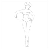 niña sosteniendo la ilustración de contorno de personaje de pelota de playa sobre fondo blanco. vector
