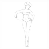 Girl holding beach ball character outline illustration on white background. vector