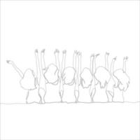 group siting with hands up drawn from back side, character outline illustration on white background. vector